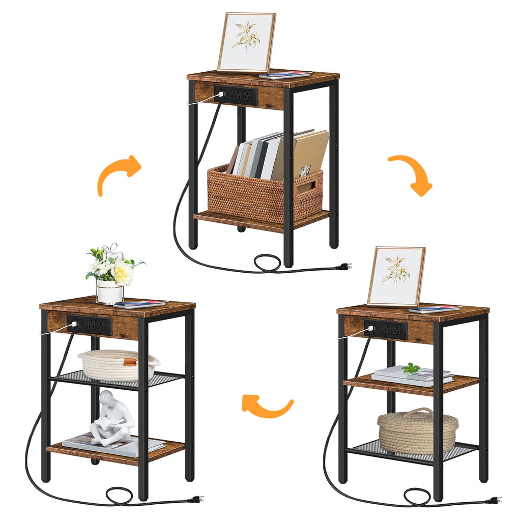 Side Table with Charging Station and USB Port, 3-Tier Nightstand with Adjustable Shelf, Rustic Brown Z11760