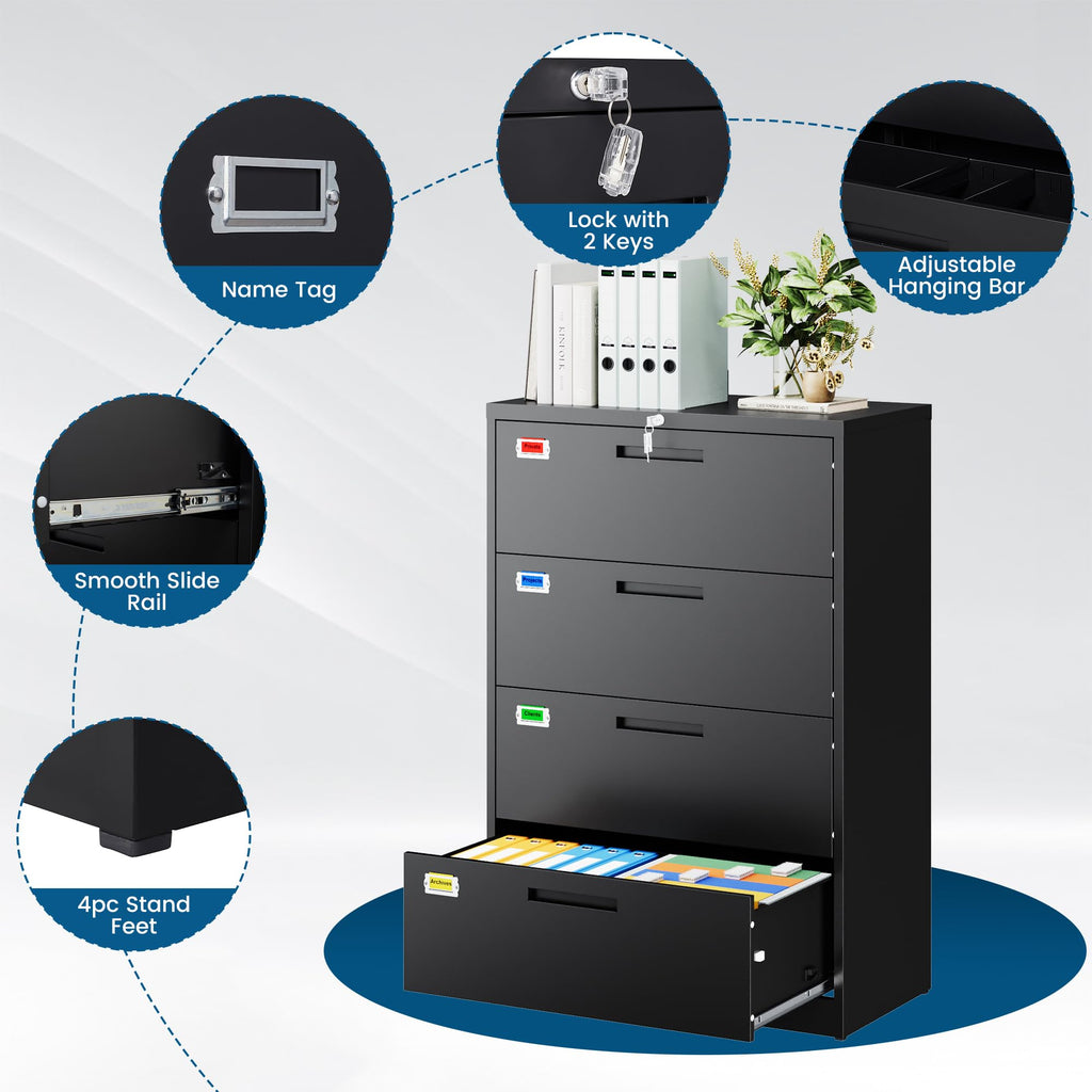 4 Drawer File Cabinet with Lock, Black V1563