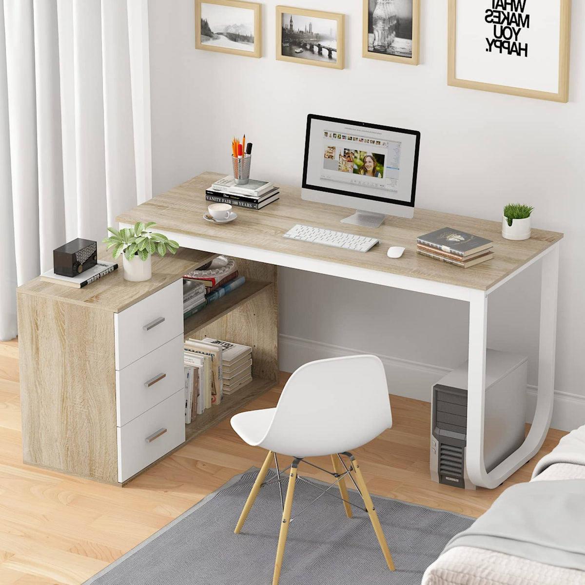 54 Inch Walnut and White L-Shaped Corner Desk with 3 Drawers and 2 Shelves B187