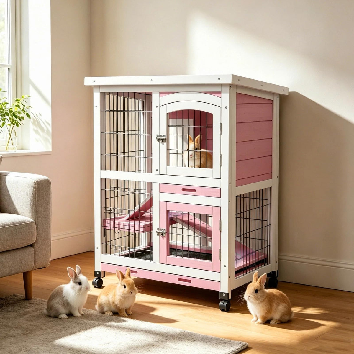 2-Story Wooden Bunny Cage with Removable Tray T9731