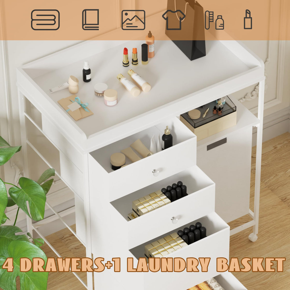 White 4 Drawer Changing Station Dresser with Laundry Hamper X37608