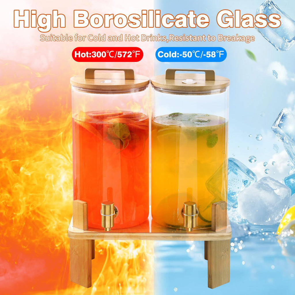 1.5 Gallon 2 Pack Glass Beverage Dispenser with Wood Stand and Spigot Y625