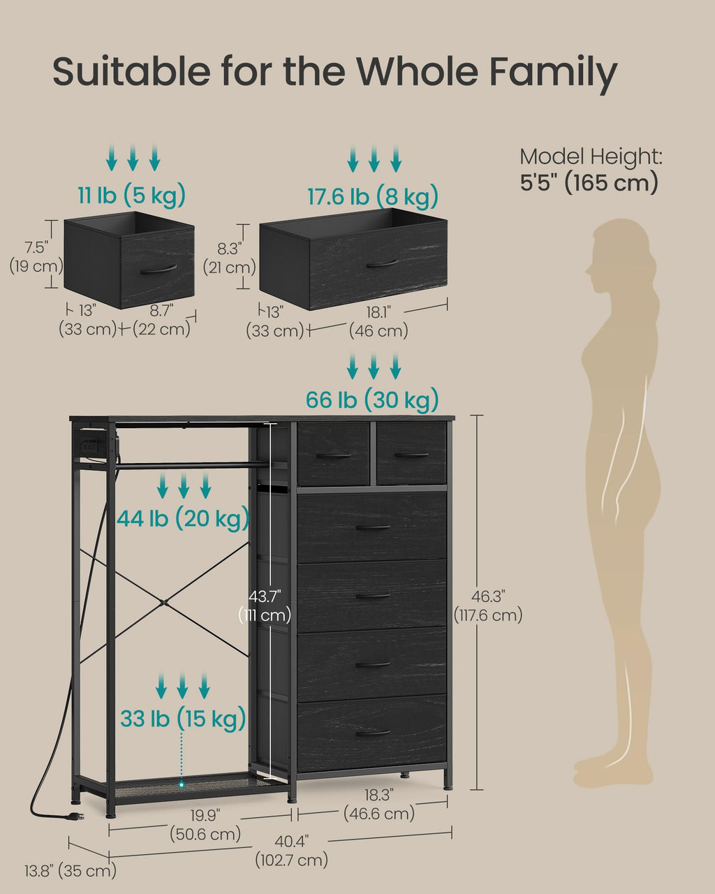 Dresser with Hanging Rod, Closet Organizer with 6 Fabric Drawers U8256