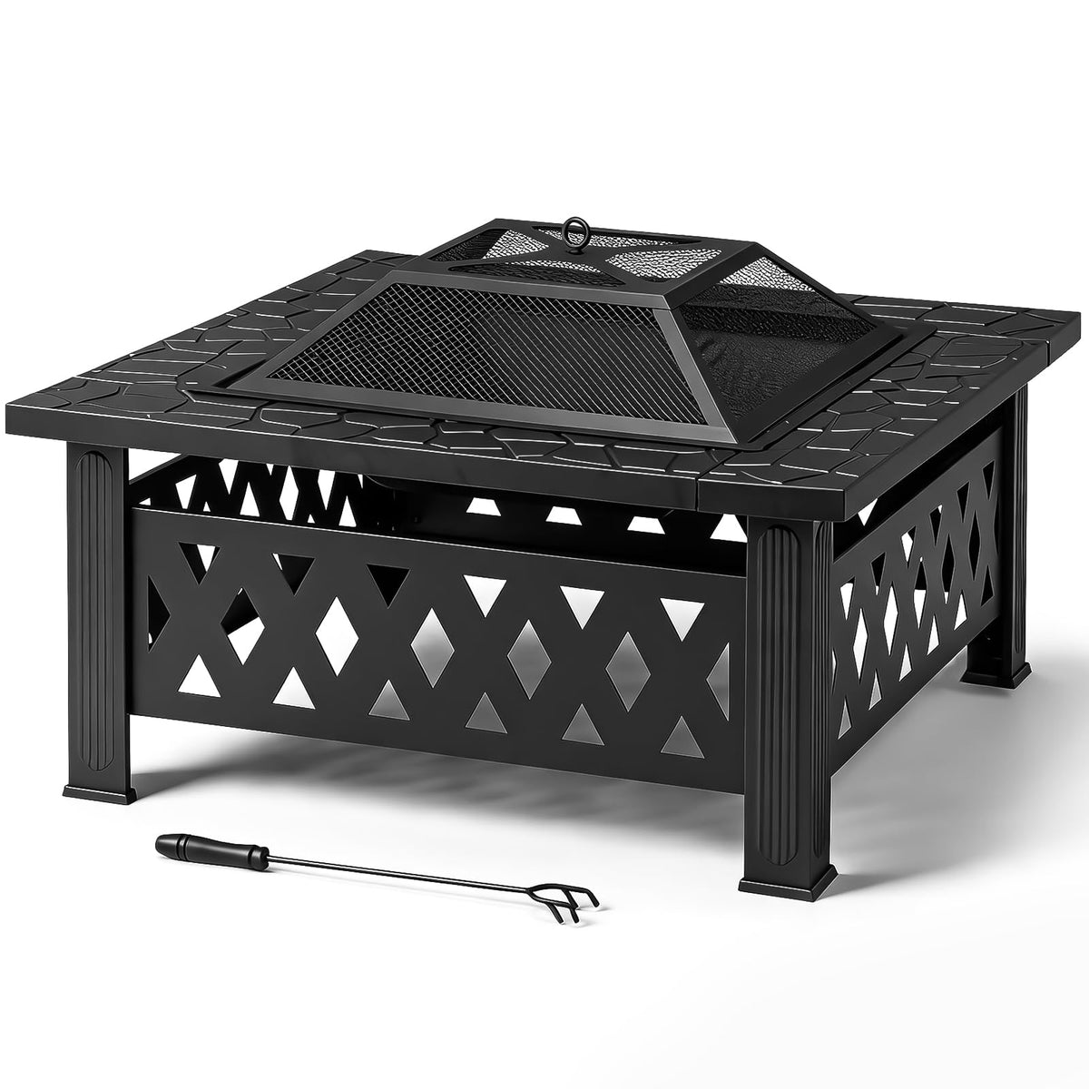 32 Inch Square Wood Burning Fire Pit Table with Spark Screen Lid and Fire Poker R170