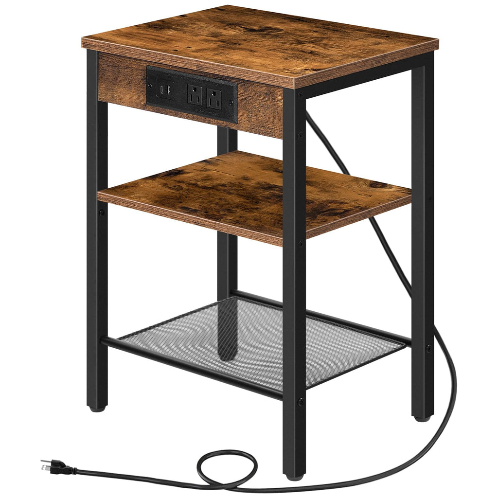 Side Table with Charging Station and USB Port, 3-Tier Nightstand with Adjustable Shelf, Rustic Brown Z11760