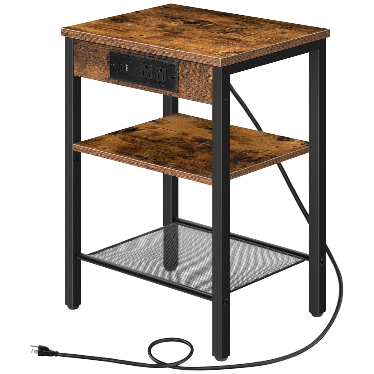 Side Table with Charging Station and USB Port, 3-Tier Nightstand with Adjustable Shelf, Rustic Brown Z11760