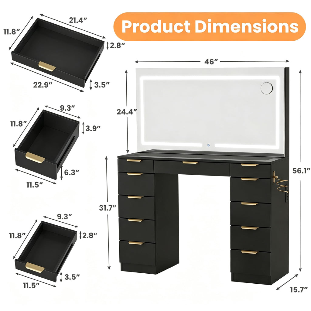 Glass Top Vanity Desk with Mirror and Lights, 11 Drawers Makeup Vanity with Stool T454