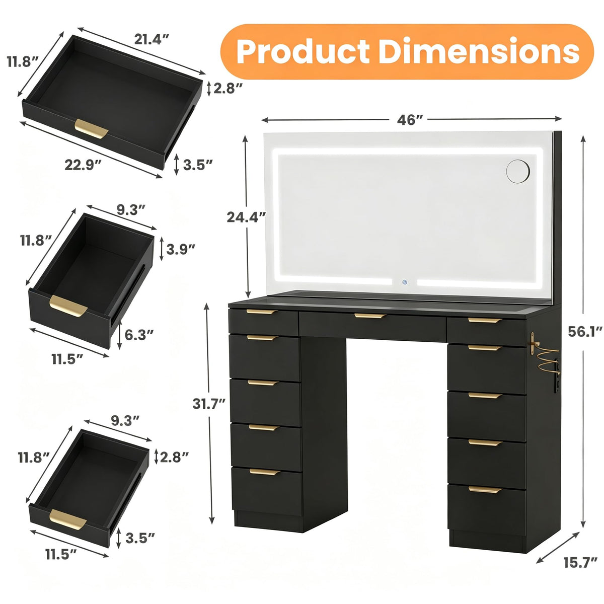 Glass Top Vanity Desk with Mirror and Lights, 11 Drawers Makeup Vanity with Stool T454