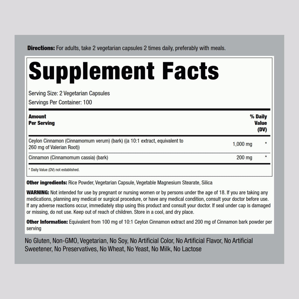 Ceylon Cinnamon Capsules 200 Count H2033