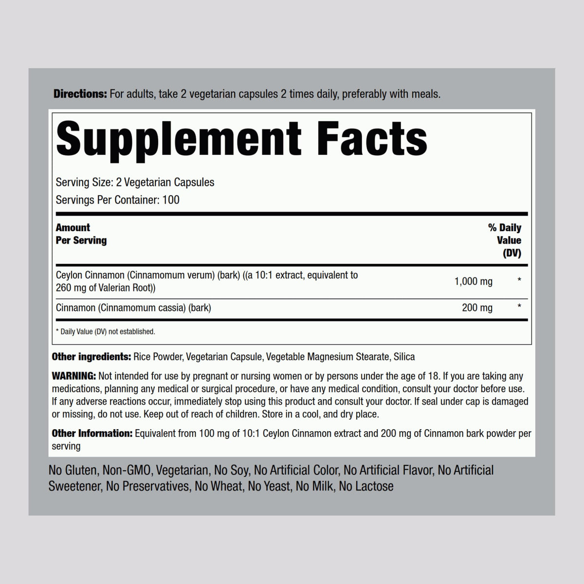 Ceylon Cinnamon Capsules 200 Count H2033
