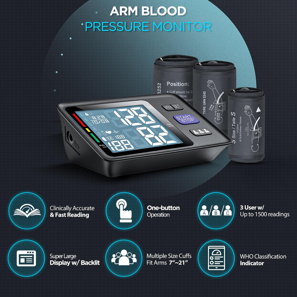 Blood Pressure Machine Upper Arm, 3 Size Cuffs, Automatic Digital BP Monitor, Large Backlit LCD D13408