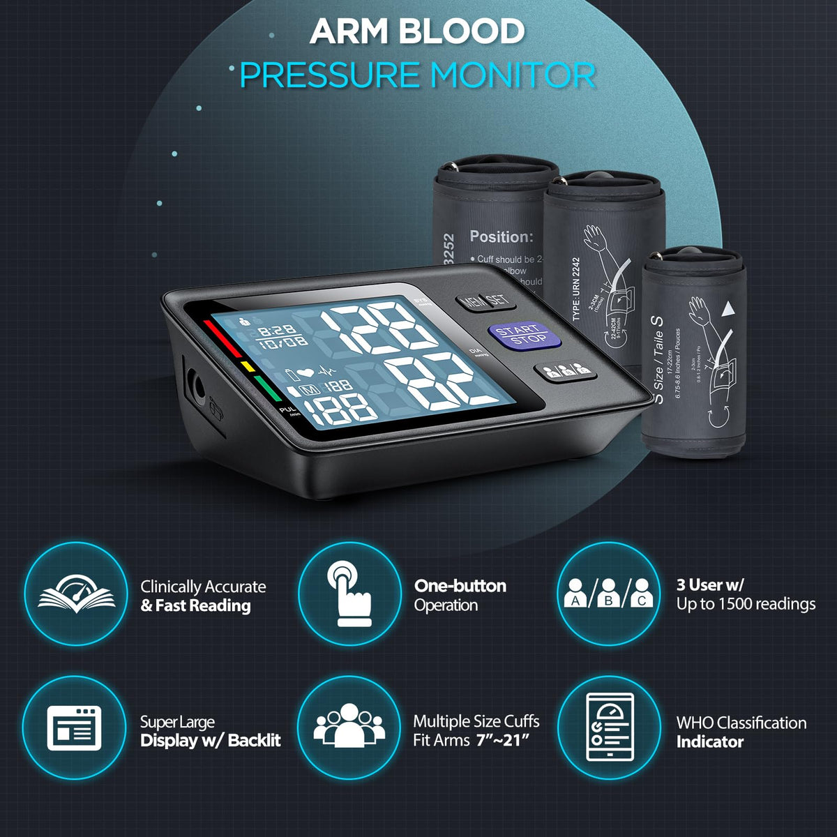 Blood Pressure Machine Upper Arm, 3 Size Cuffs, Automatic Digital BP Monitor, Large Backlit LCD D13408