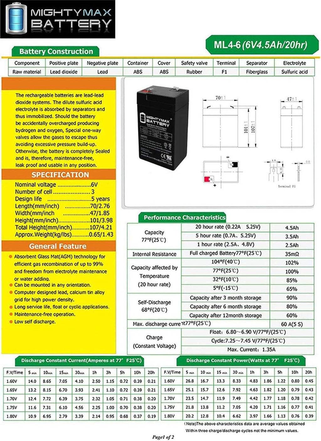 6V 4.5AH SLA Replacement Battery O171935