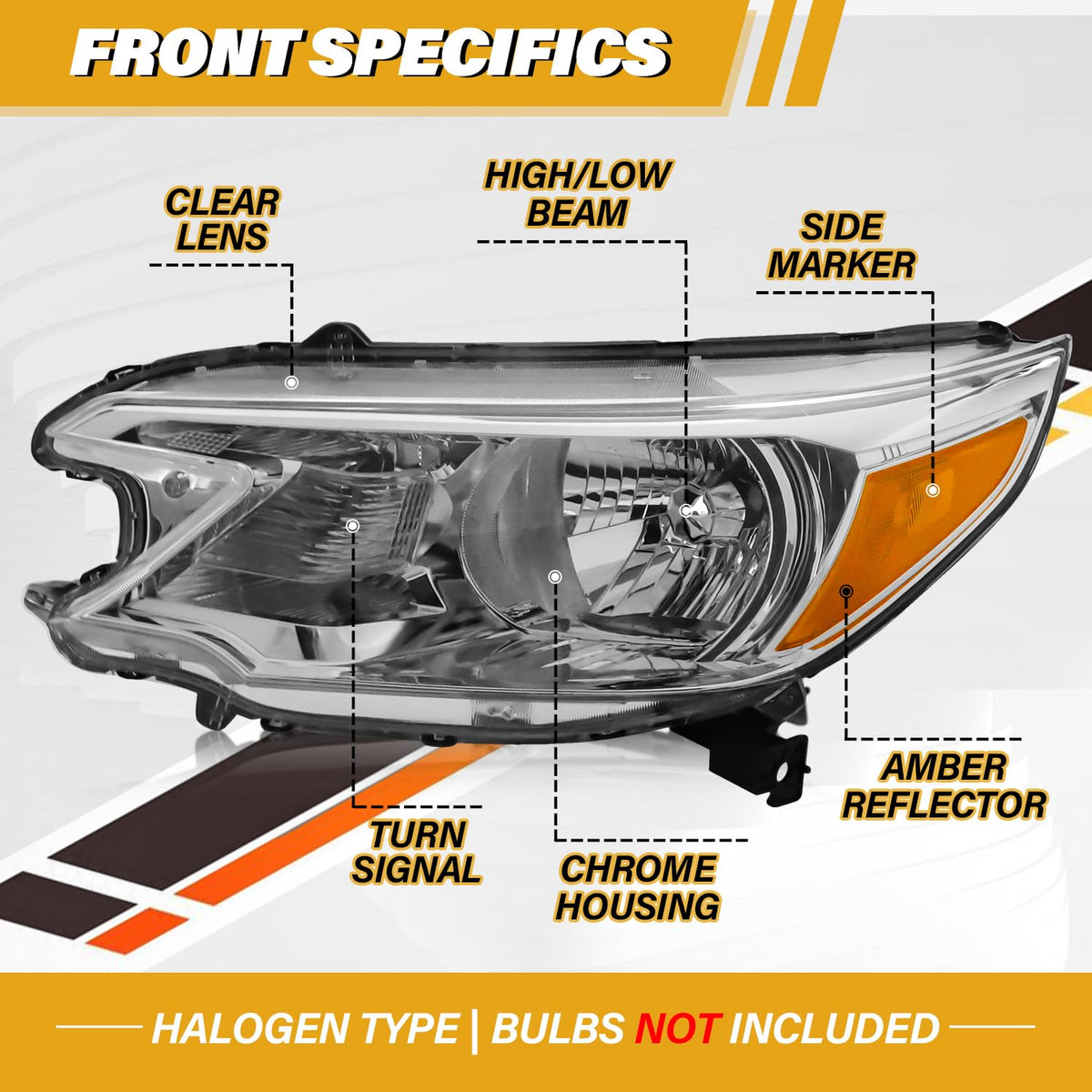 Halogen Headlight Assembly Pair Set Chrome Housing Amber Reflector K375000