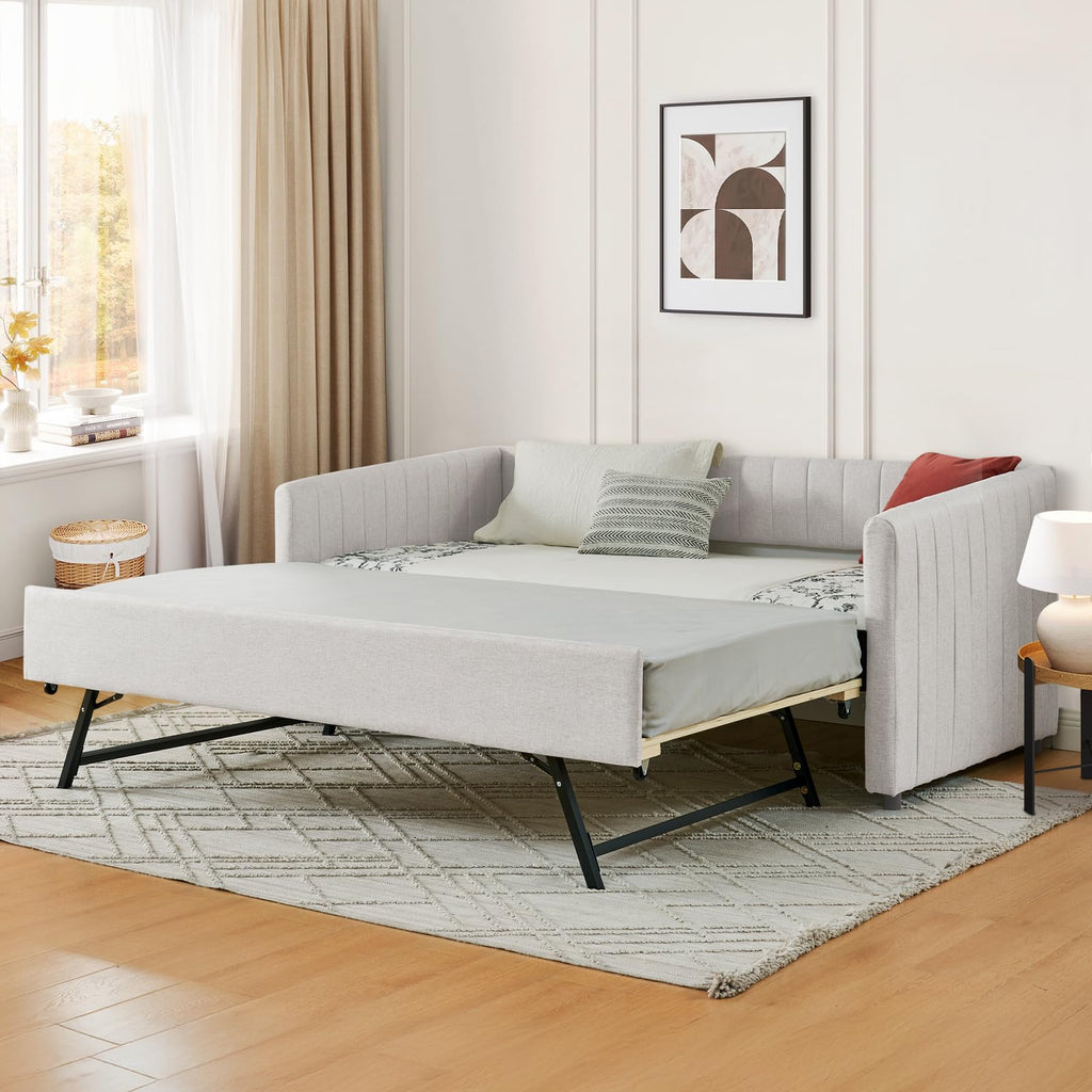 Beige Linen Twin Size Daybed with Pop Up Trundle P9678