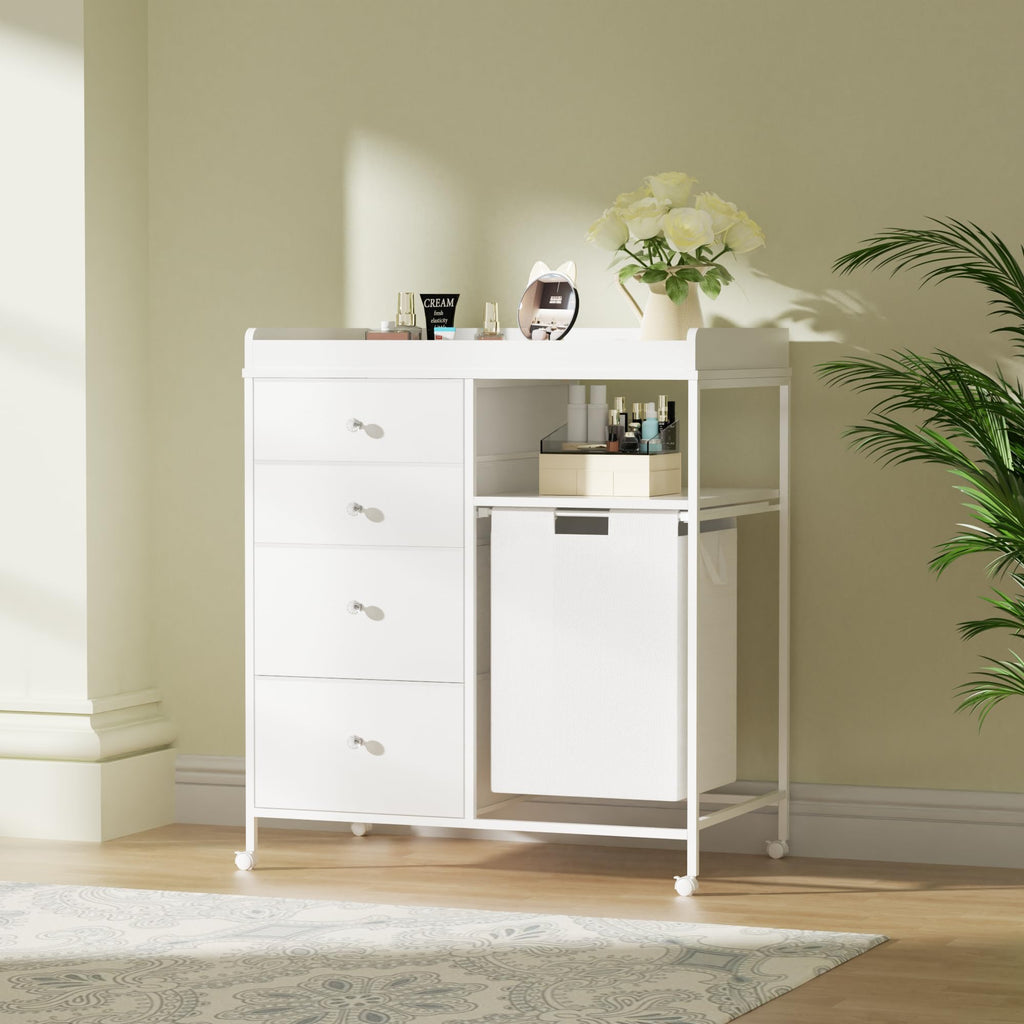 White 4 Drawer Changing Station Dresser with Laundry Hamper X37608