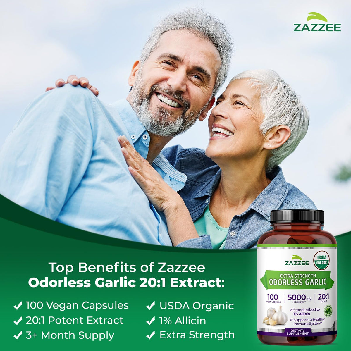 USDA Organic Odorless Garlic 20:1 Extract 100 Capsules O749393