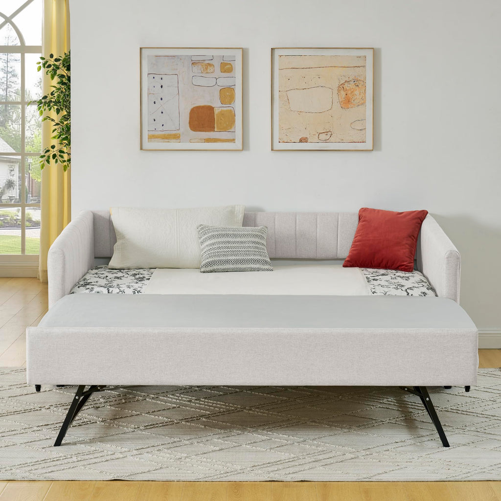 Beige Linen Twin Size Daybed with Pop Up Trundle P9678