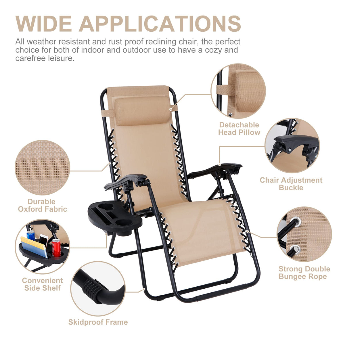 Zero Gravity Chair Set of 2 Folding Recliner with Cup Holder Tray and Pillow Q213