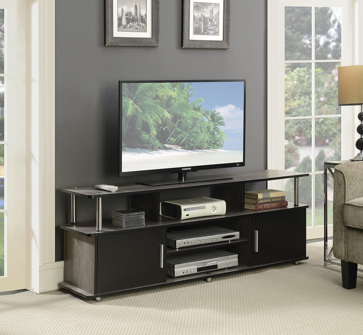60" Weathered Gray Wood TV Stand with Cabinets and Shelves H5712