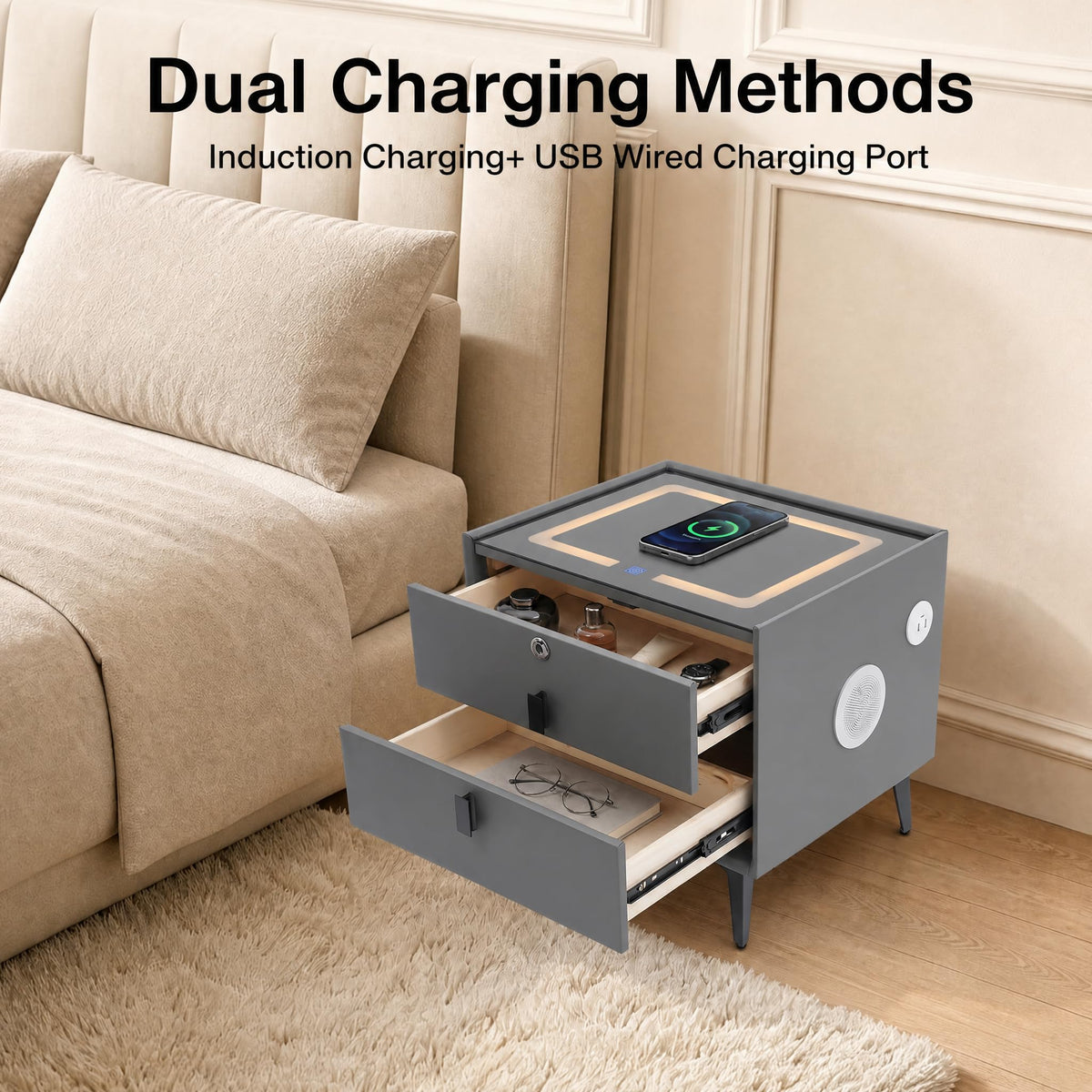 Nightstand with Charging Station, 2 Drawers, Fingerprint Lock, LED Light I398