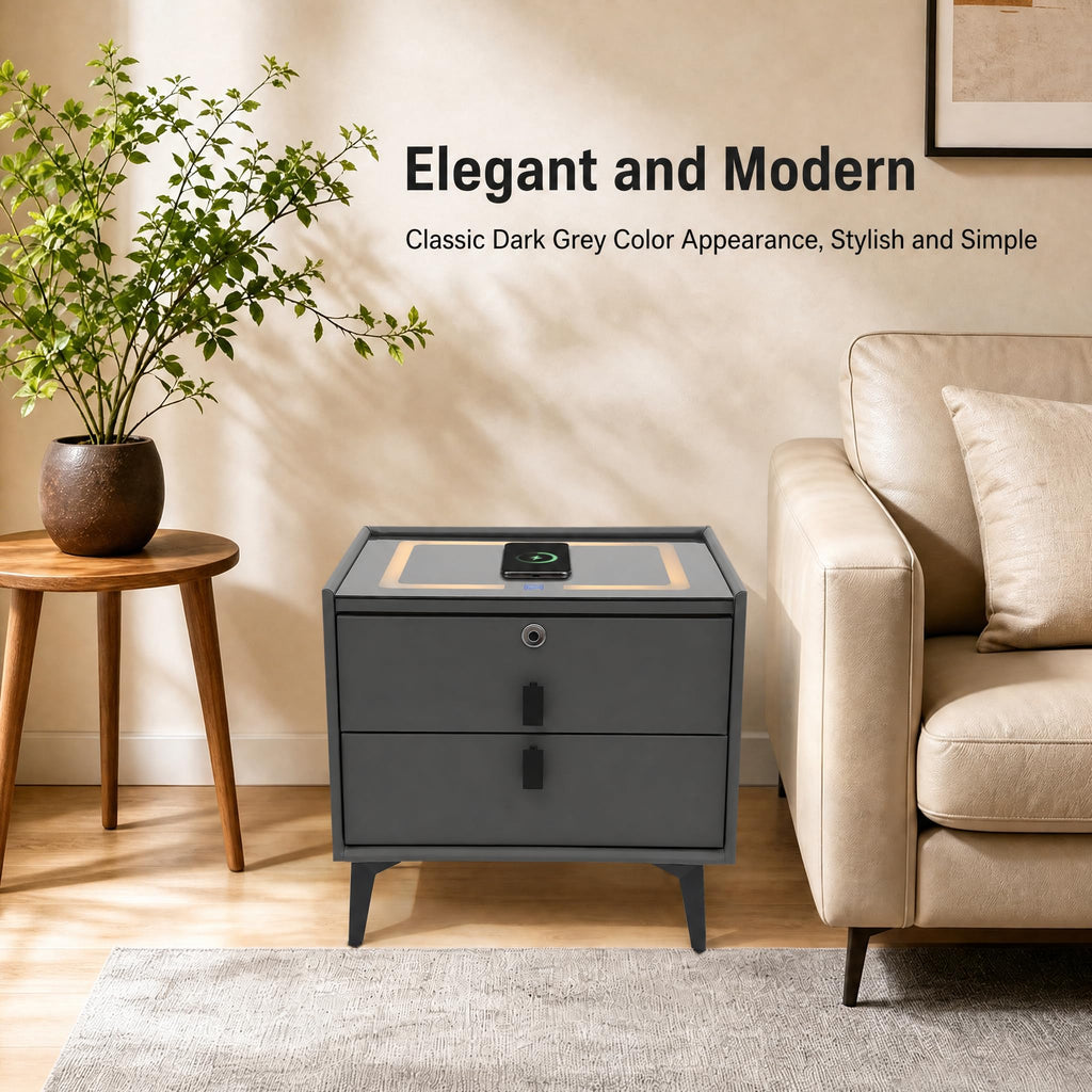 Nightstand with Charging Station, 2 Drawers, Fingerprint Lock, LED Light I398