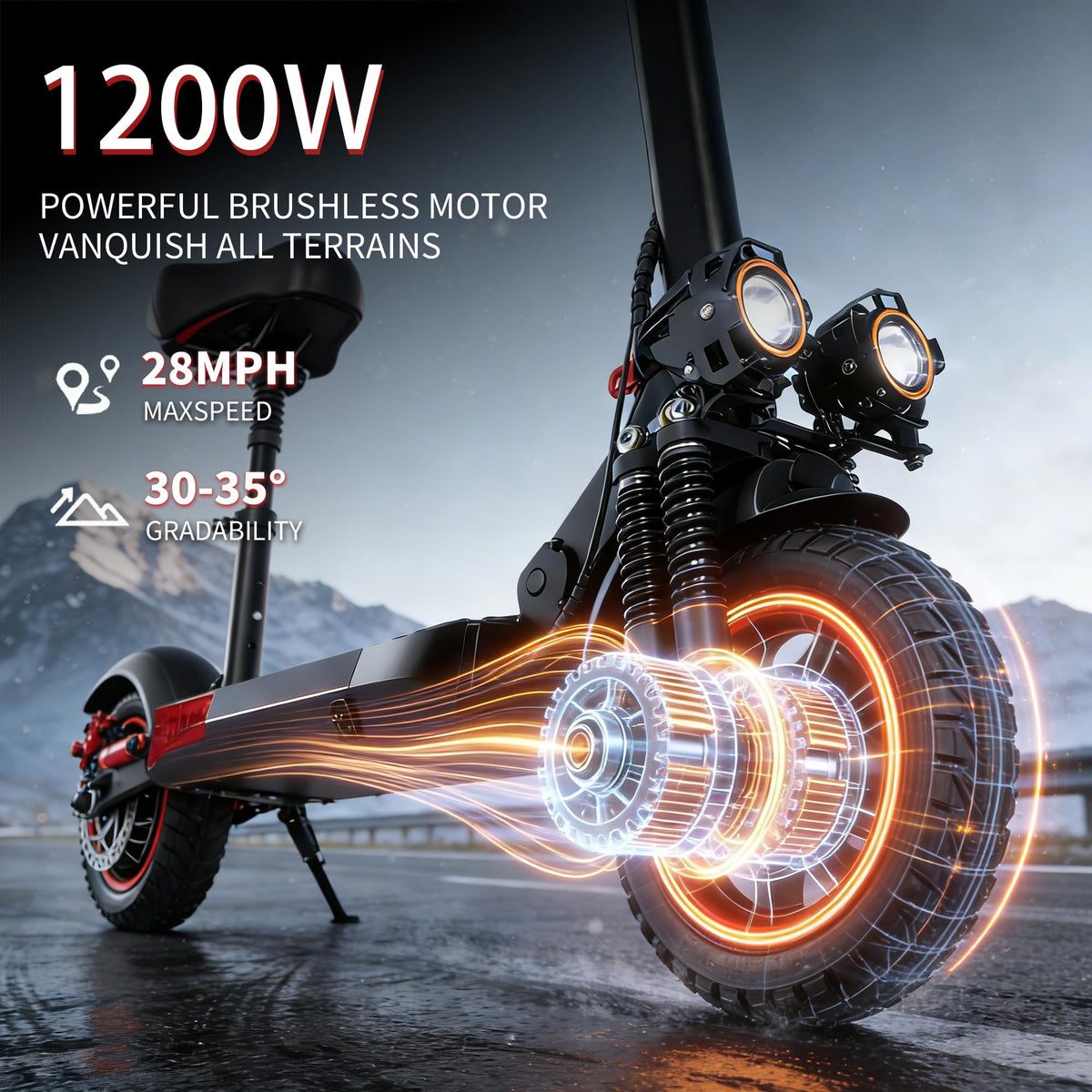 Electric Scooter with Seat, 1200W Motor, 28 MPH, 40 Miles Range, 48V 21AH Battery, 11" Off-Road Tire, Folding R240