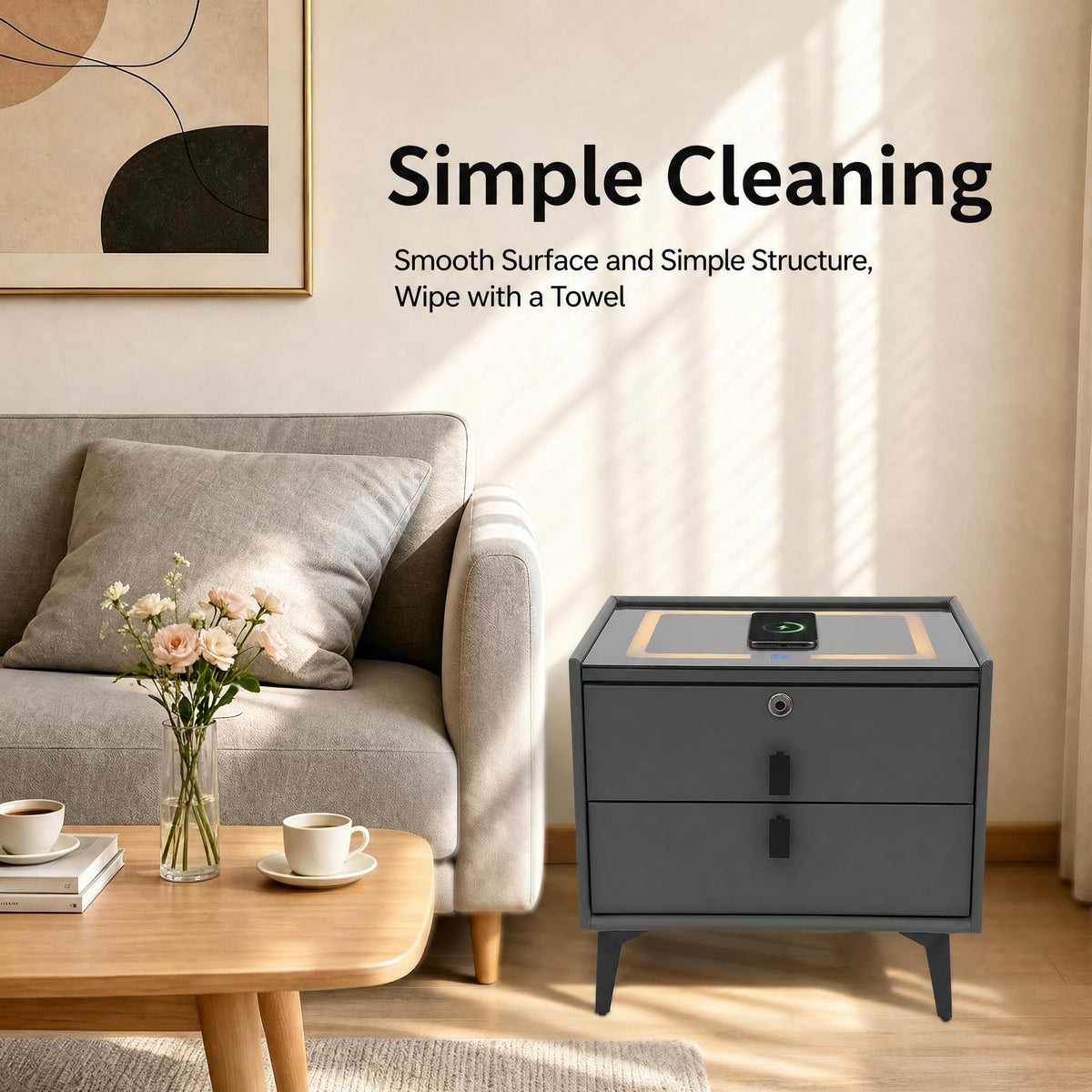 Nightstand with Charging Station, 2 Drawers, Fingerprint Lock, LED Light I398