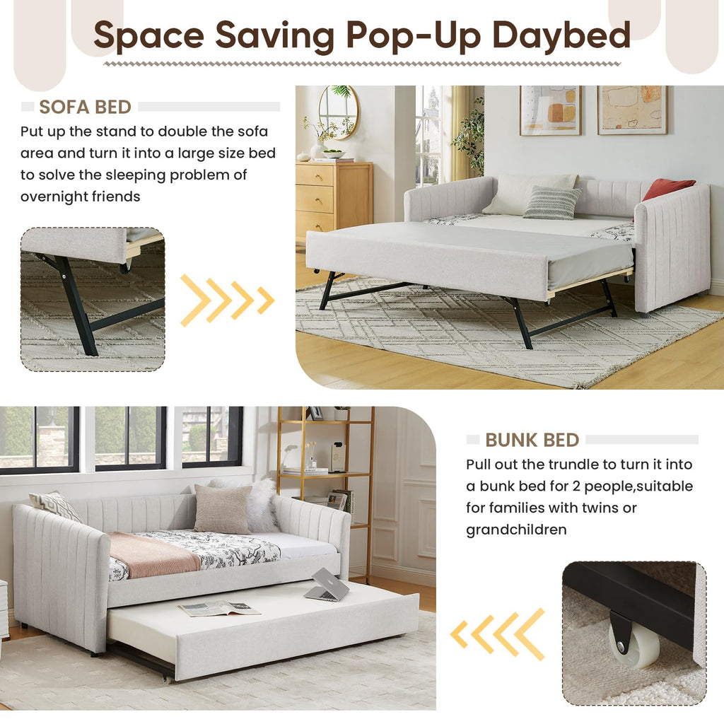 Beige Linen Twin Size Daybed with Pop Up Trundle P9678
