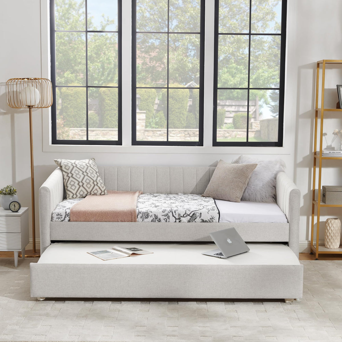 Beige Linen Twin Size Daybed with Pop Up Trundle P9678