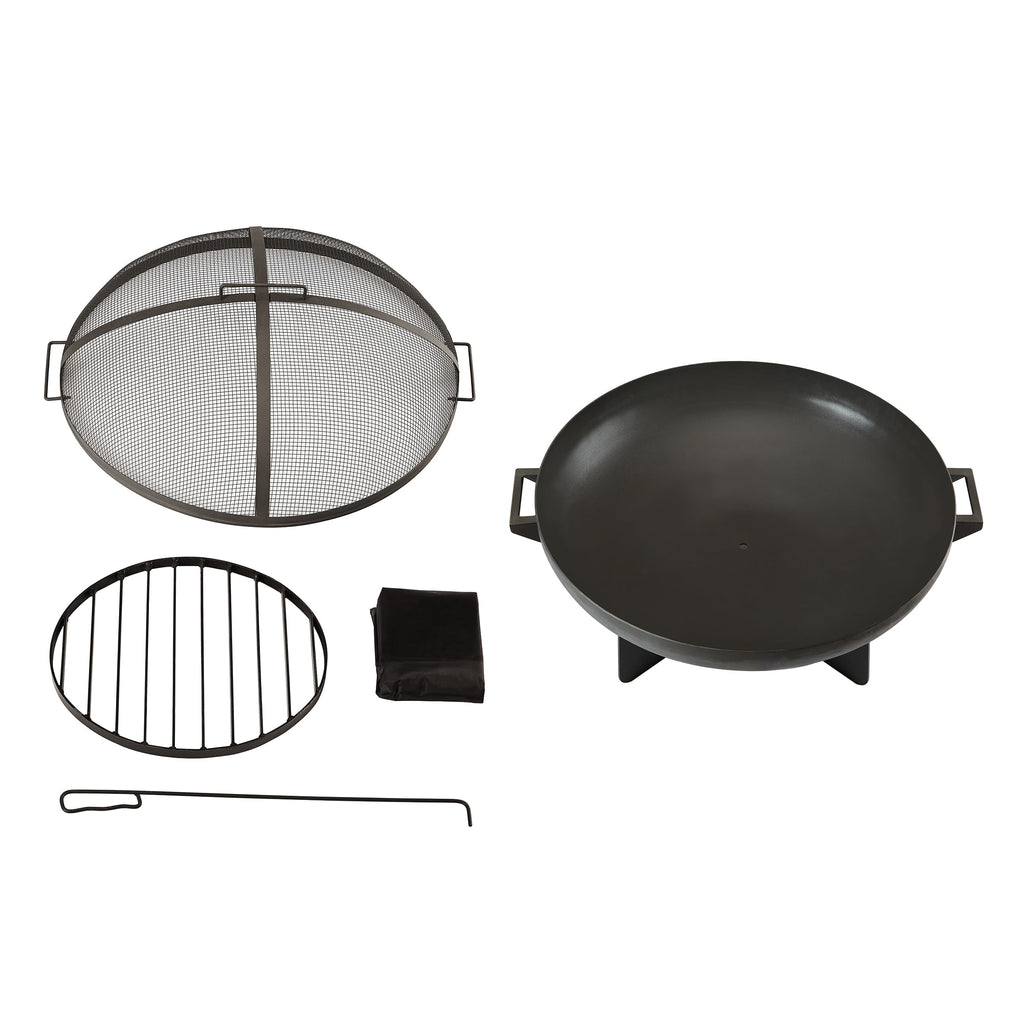 36” Round Wood Burning Steel Fire Pit with Spark Screen, Poker, Log Grate and Storage Cover Q868054