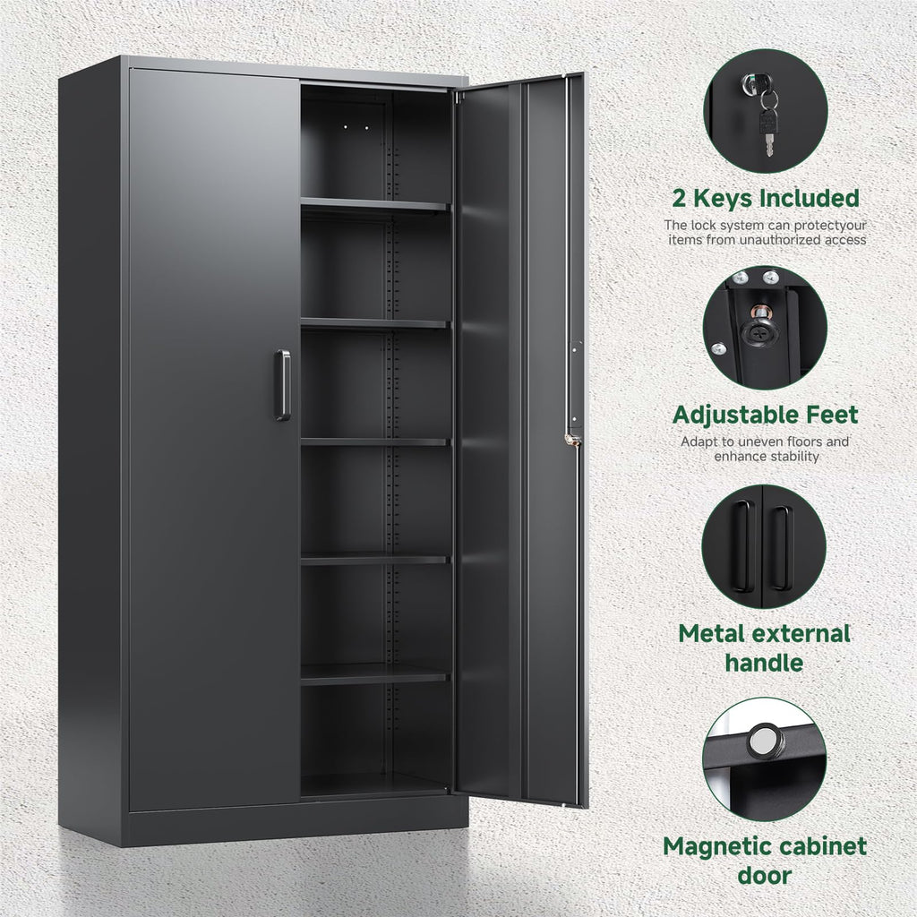Metal Garage Storage Cabinets with Lock, 72 Tall Steel Lockers, 5 Adjustable Shelves, Black V1871