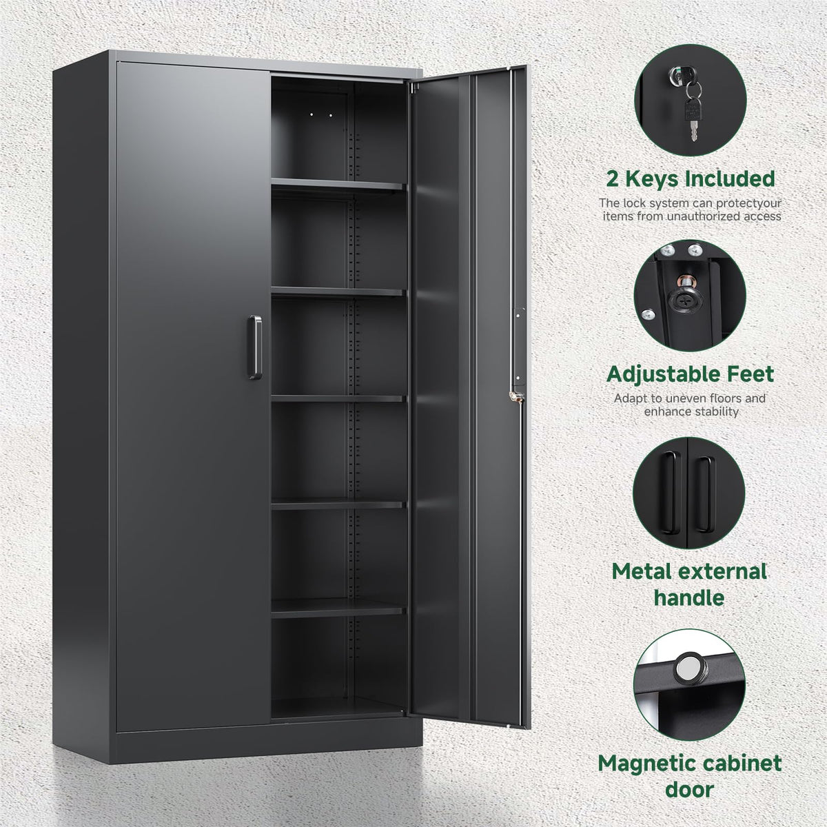 Metal Garage Storage Cabinets with Lock, 72 Tall Steel Lockers, 5 Adjustable Shelves, Black V1871