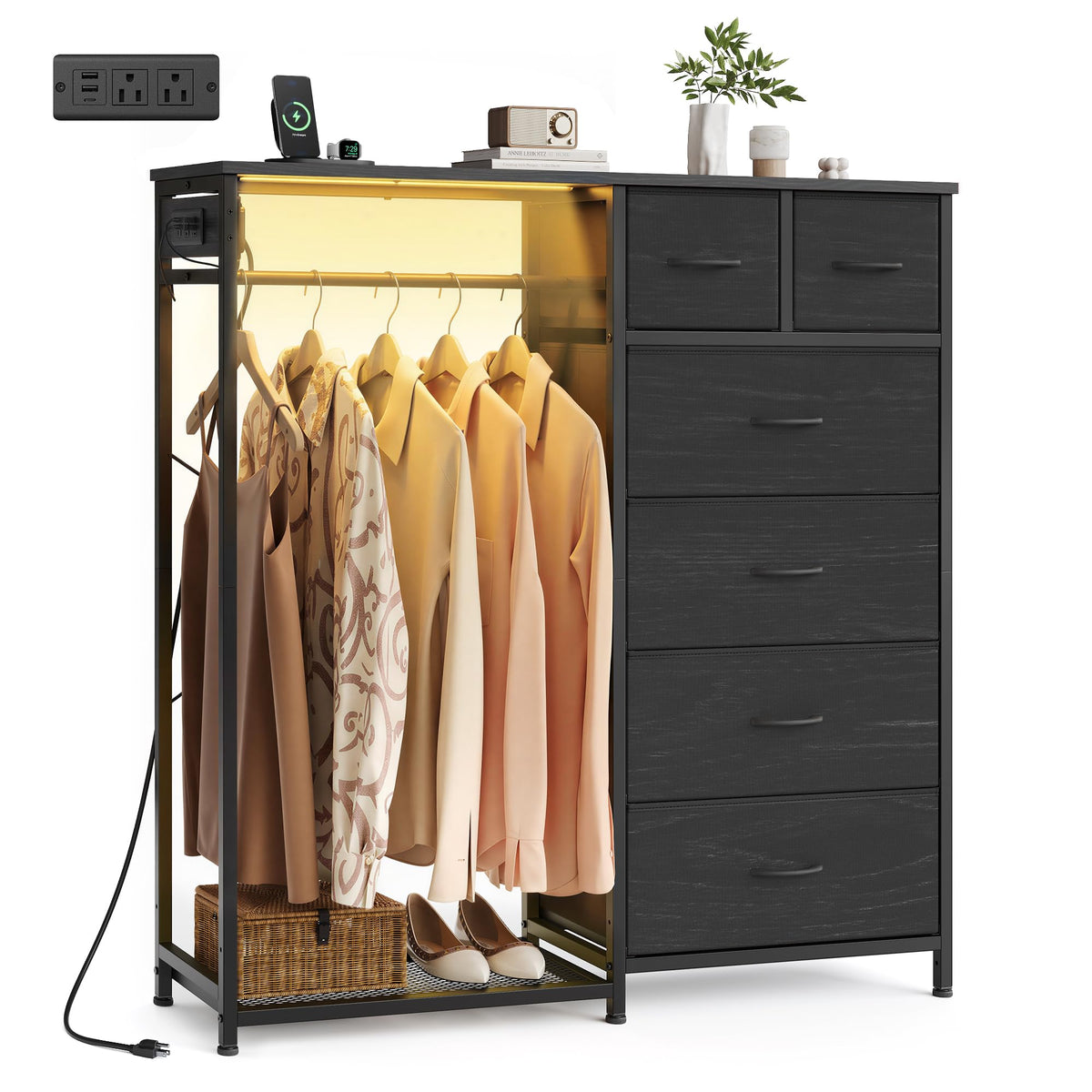 Dresser with Hanging Rod, Closet Organizer with 6 Fabric Drawers U8256