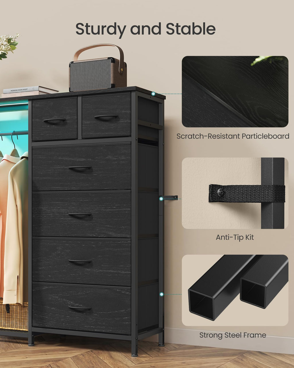 Dresser with Hanging Rod, Closet Organizer with 6 Fabric Drawers U8256
