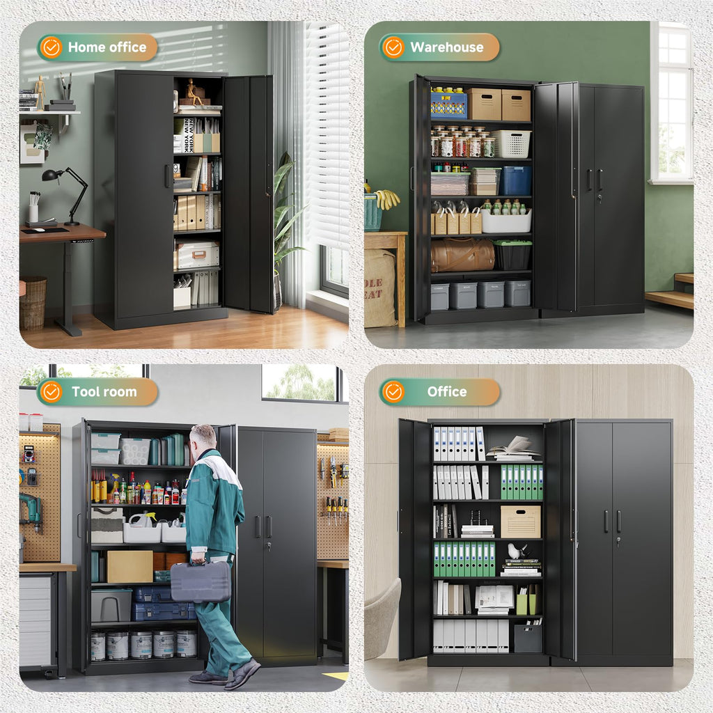 Metal Garage Storage Cabinets with Lock, 72 Tall Steel Lockers, 5 Adjustable Shelves, Black V1871