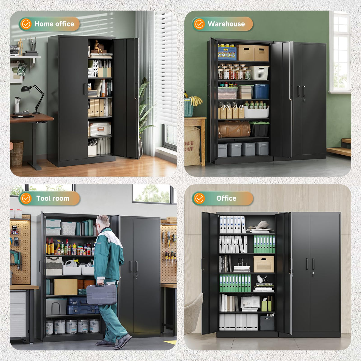 Metal Garage Storage Cabinets with Lock, 72 Tall Steel Lockers, 5 Adjustable Shelves, Black V1871
