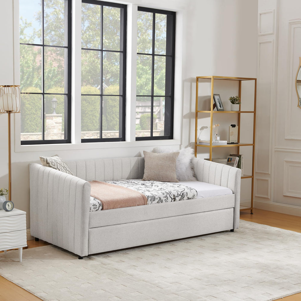 Beige Linen Twin Size Daybed with Pop Up Trundle P9678