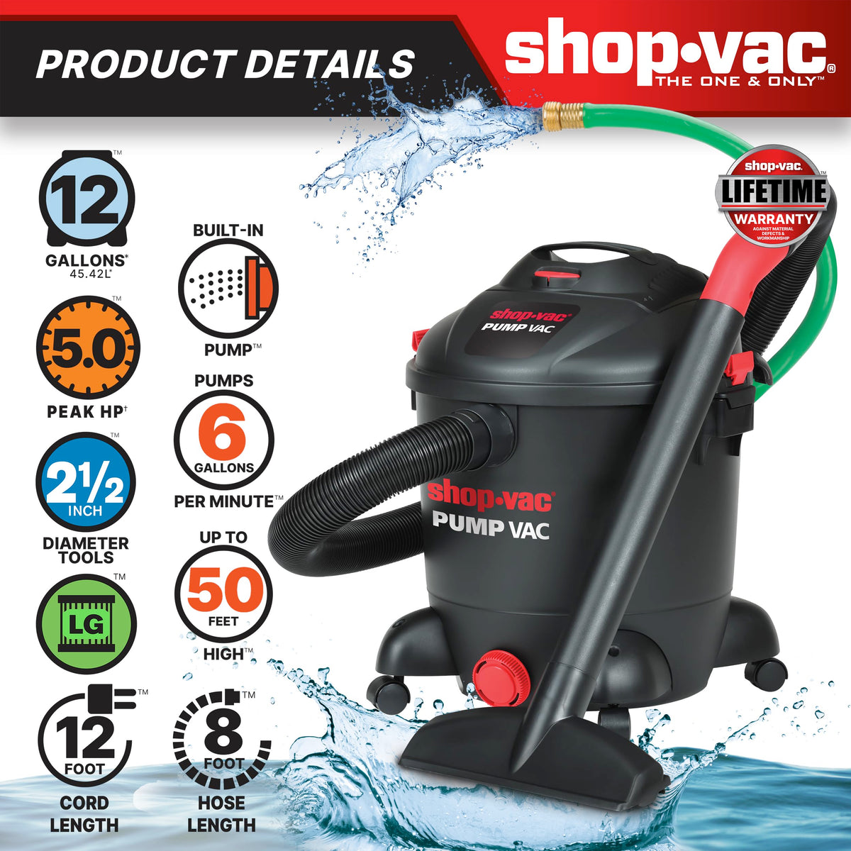 12 Gallon Wet Dry Pump Vacuum with Built-in Water Pump K9432