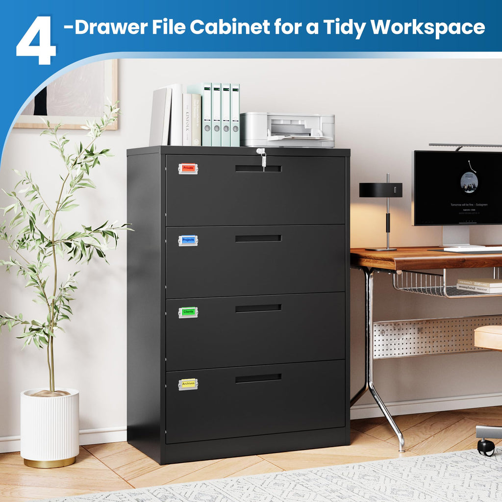 4 Drawer File Cabinet with Lock, Black V1563