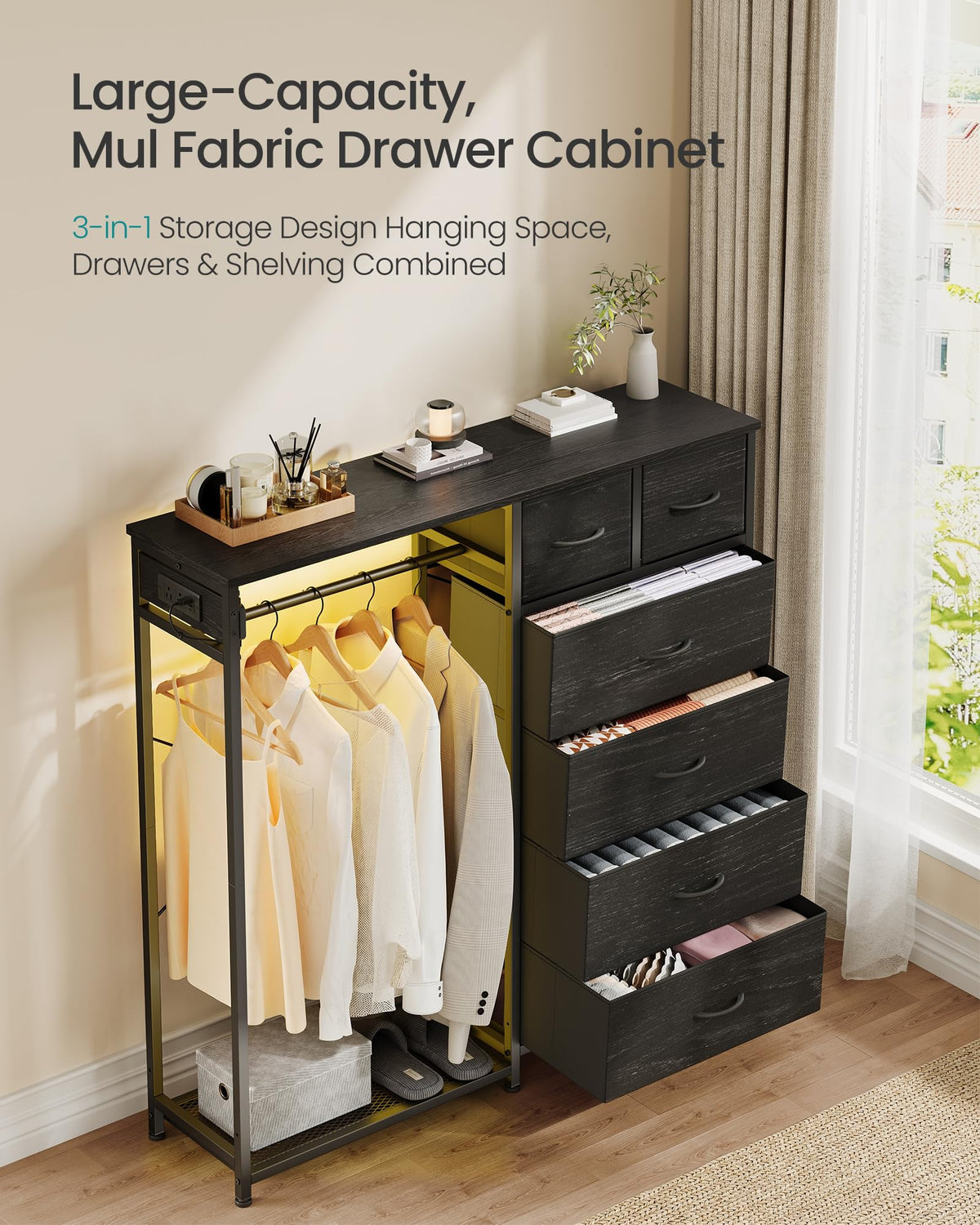 Dresser with Hanging Rod, Closet Organizer with 6 Fabric Drawers U8256