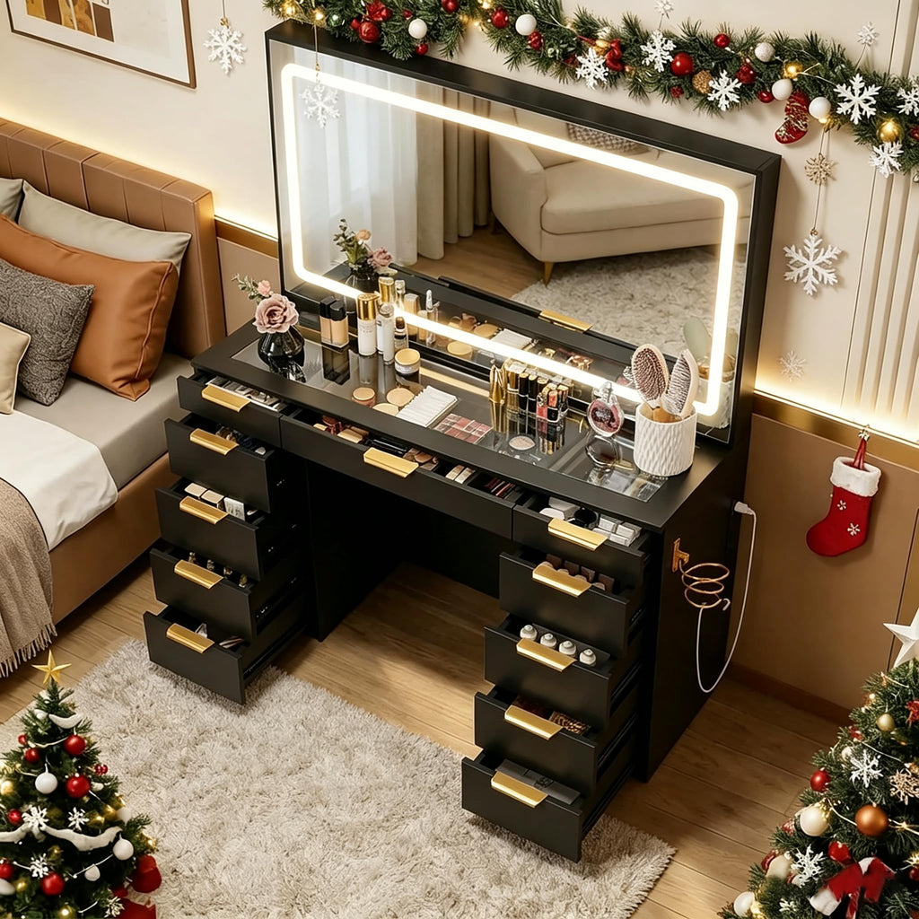 Glass Top Vanity Desk with Mirror and Lights, 11 Drawers Makeup Vanity with Stool T454