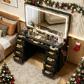 Glass Top Vanity Desk with Mirror and Lights, 11 Drawers Makeup Vanity with Stool T454