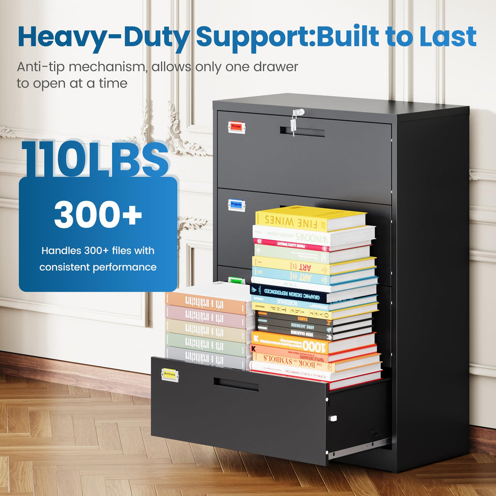 4 Drawer File Cabinet with Lock, Black V1563