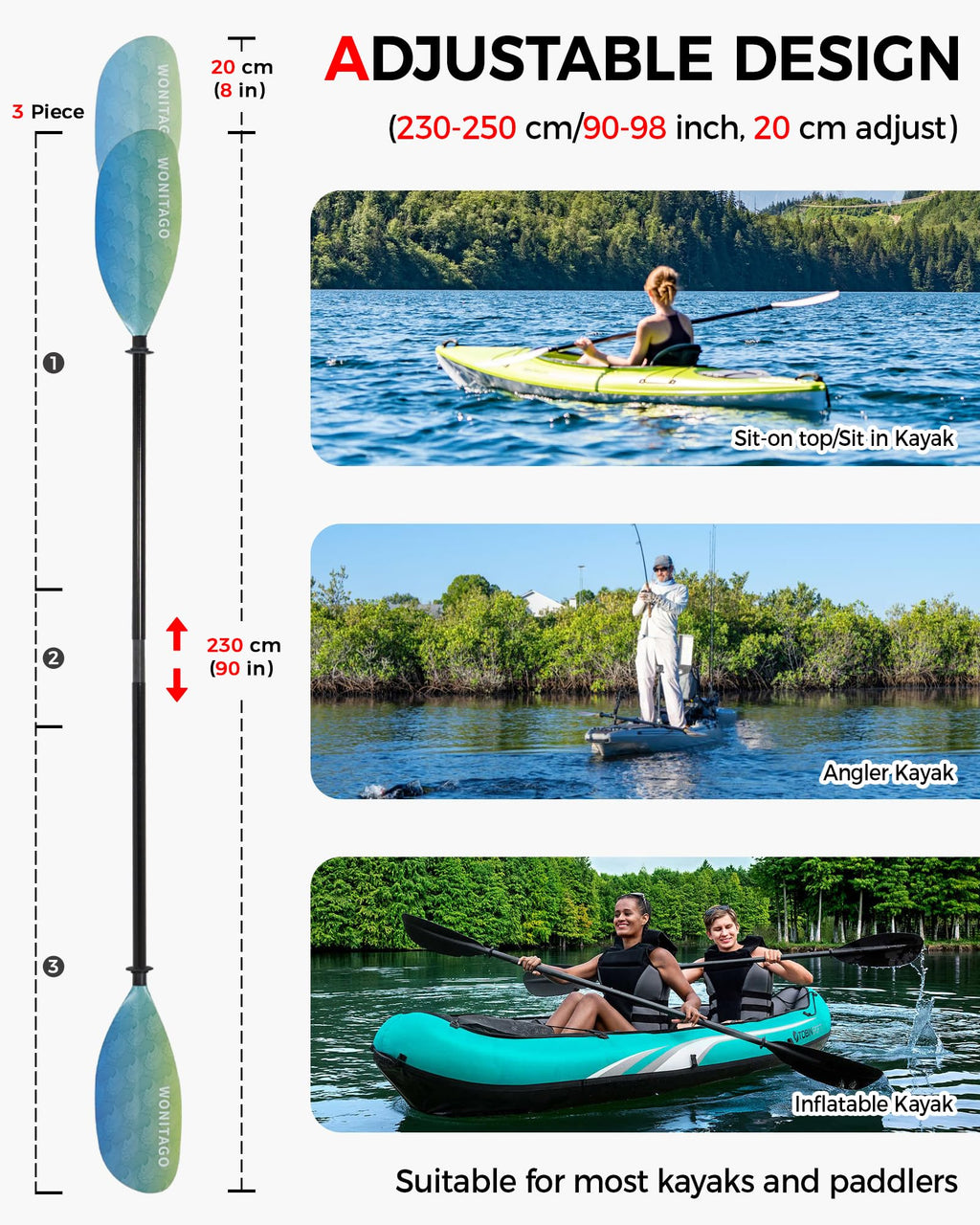 Adjustable Fiberglass Shaft Nylon Blade Kayak Paddle Y251