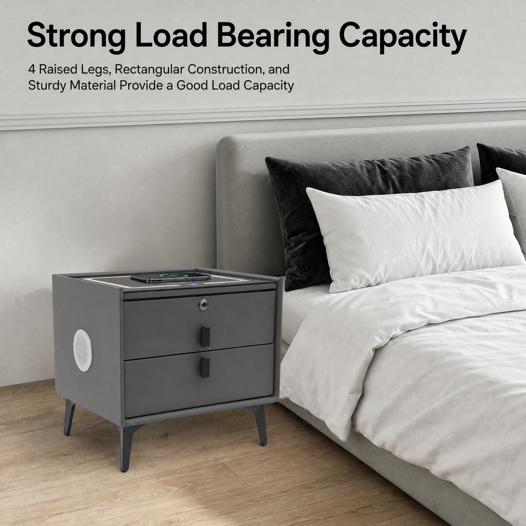 Nightstand with Charging Station, 2 Drawers, Fingerprint Lock, LED Light I398
