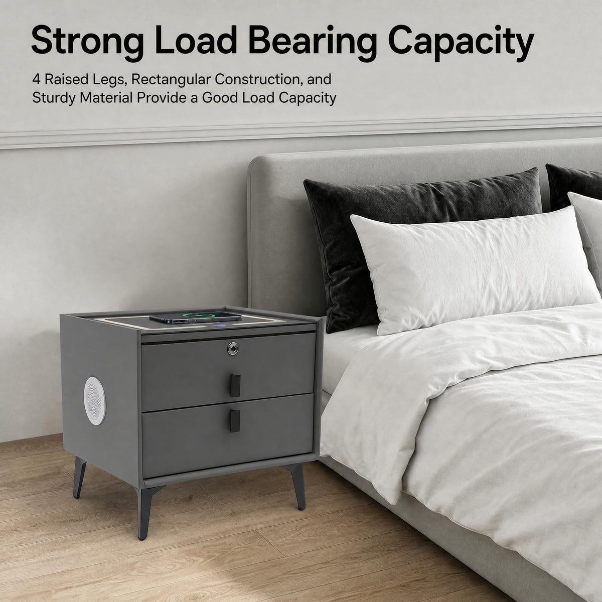 Nightstand with Charging Station, 2 Drawers, Fingerprint Lock, LED Light I398
