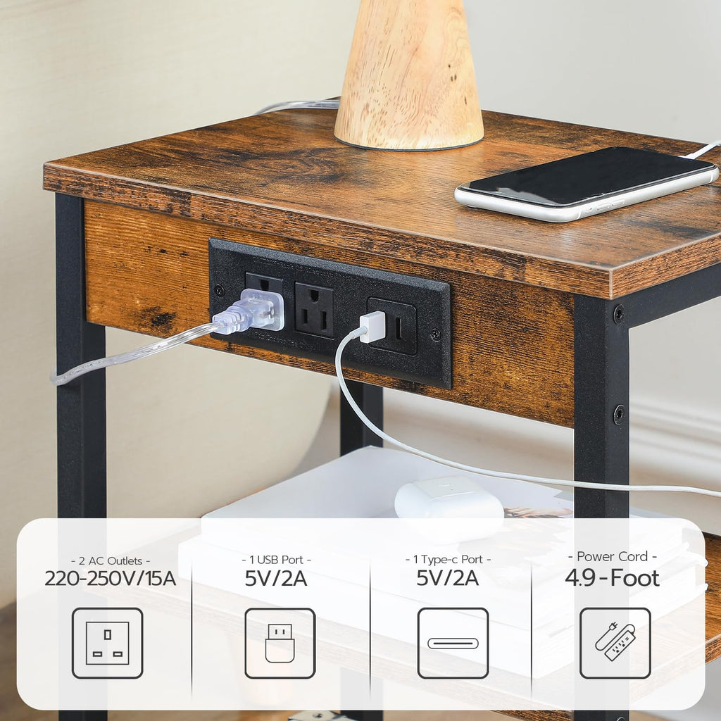 Side Table with Charging Station and USB Port, 3-Tier Nightstand with Adjustable Shelf, Rustic Brown Z11760