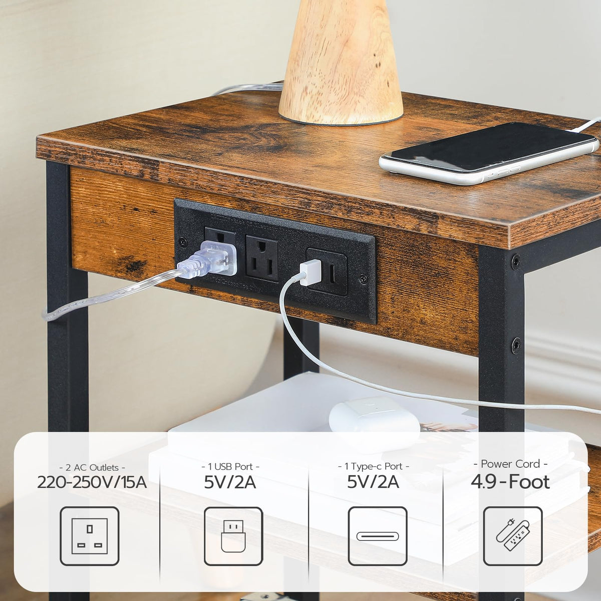 Side Table with Charging Station and USB Port, 3-Tier Nightstand with Adjustable Shelf, Rustic Brown Z11760