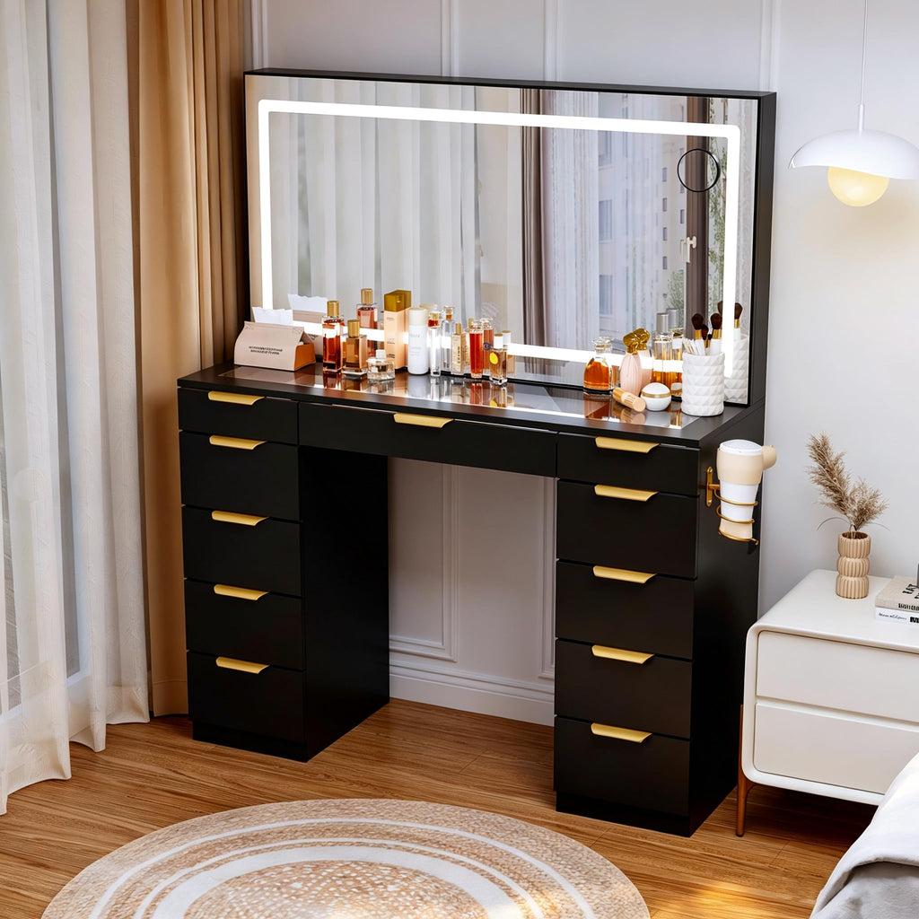 Glass Top Vanity Desk with Mirror and Lights, 11 Drawers Makeup Vanity with Stool T454